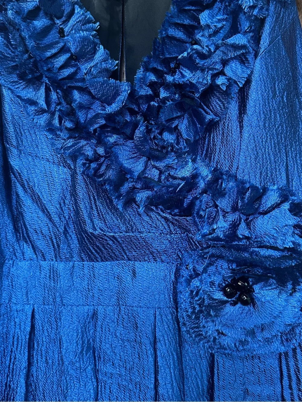 Kay Unger Blue V-Neck Floral Appliqué Vintage Autumn wedding guest Dress Size 12 - Picture 4 of 10